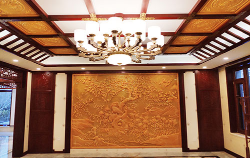 宜秀中式别墅客厅中式木作横梁吊顶装饰展示
